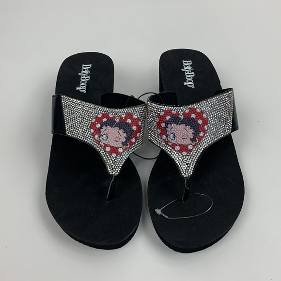 Betty Boop Sparkle rhinestone Wedge sandals Flip flop style Size 9 Red black NWT - Picture 2 of 15